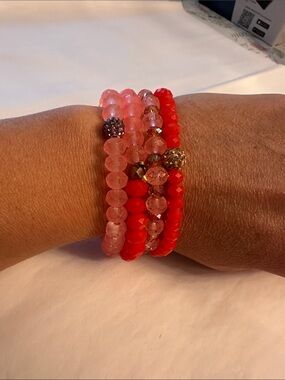 Erimish Coral Pink & Red Beaded Stack Bracelet Set